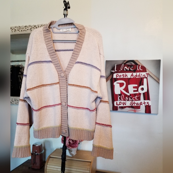 Sweaters - Chenille Cardigan Soft Stripes Covered Buttons ptp 24 length 24